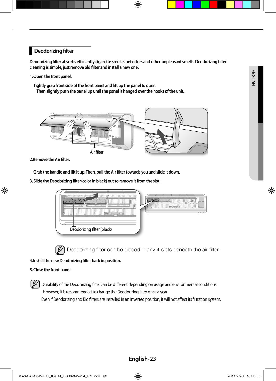 Samsung AR30JVFUCWKNMG manual English-23, Deodorizing filter black 