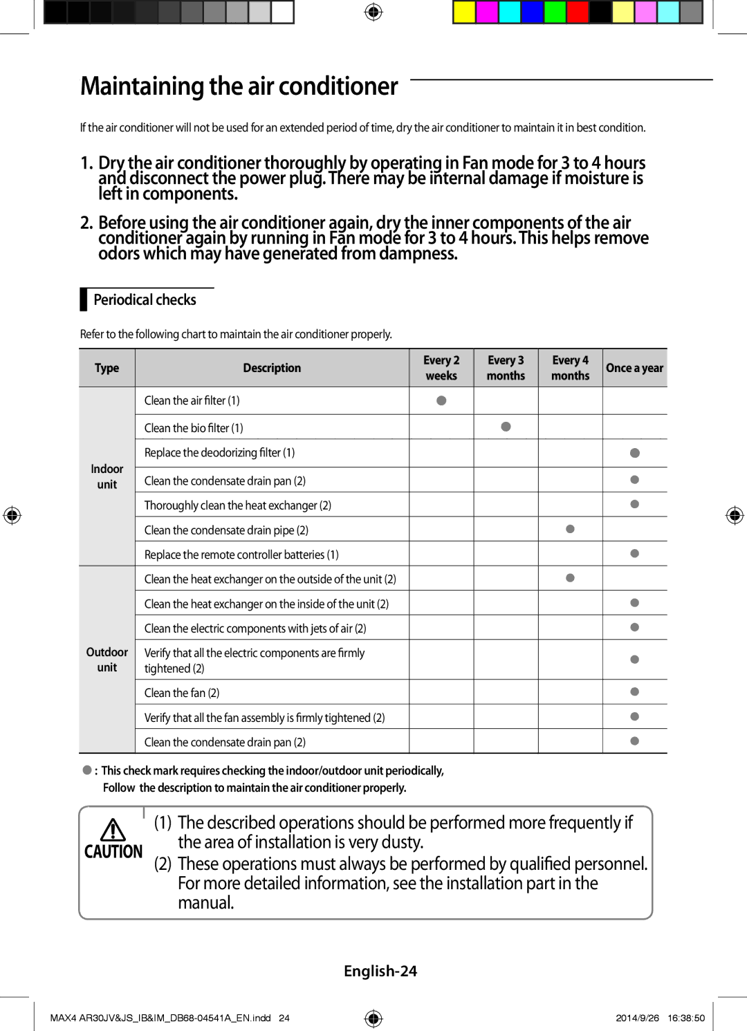 Samsung AR30JVFUCWKNMG manual Maintaining the air conditioner, English-24 