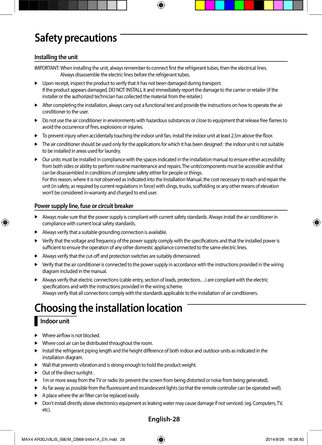 Samsung AR30JVFUCWKNMG Choosing the installation location, Installing the unit, Power supply line, fuse or circuit breaker 