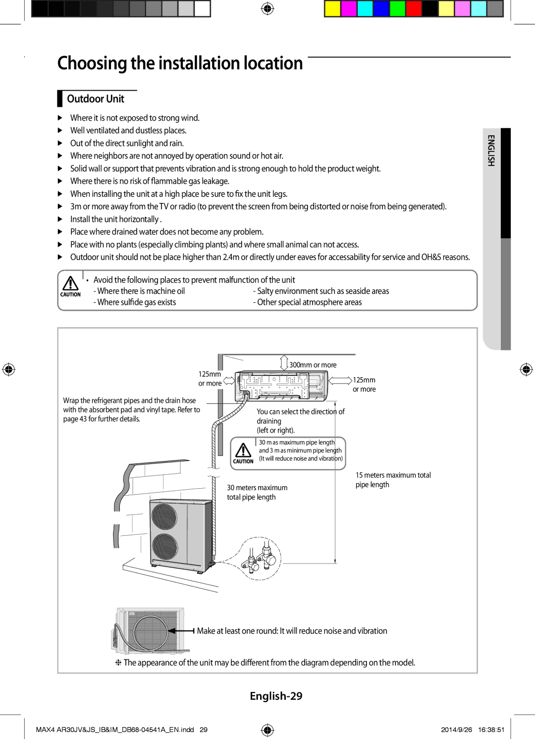 Samsung AR30JVFUCWKNMG manual Outdoor Unit, English-29, Where sulfide gas exists 