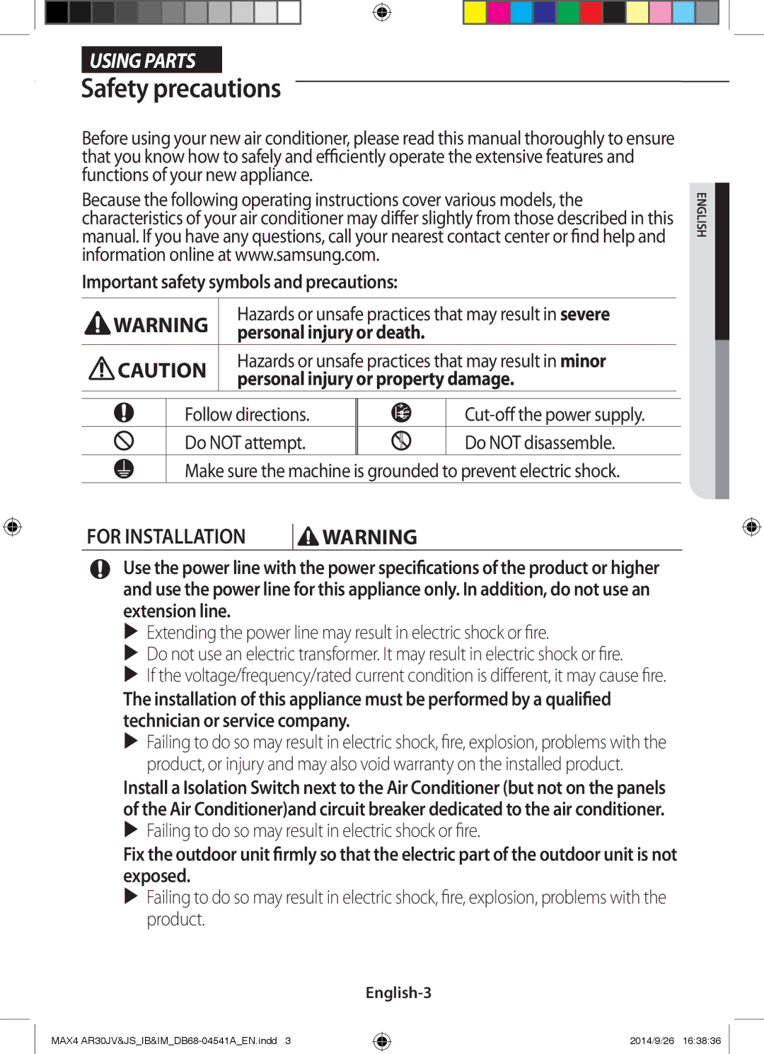 Samsung AR30JVFUCWKNMG manual Safety precautions, English-3 