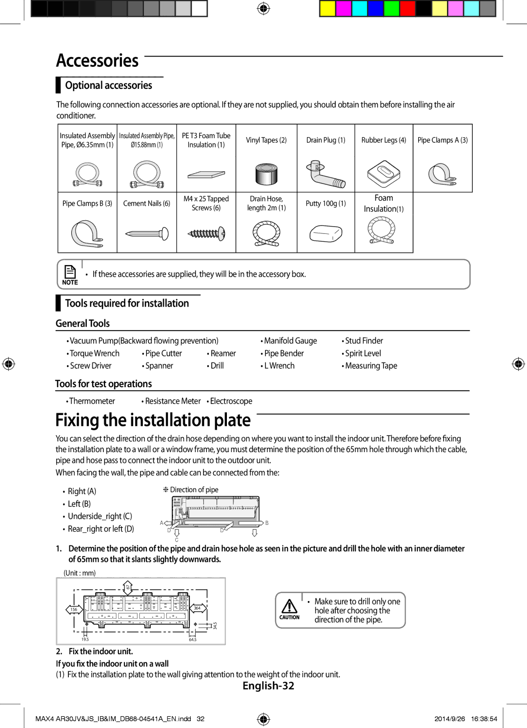 Samsung AR30JVFUCWKNMG Fixing the installation plate, Optional accessories, Tools required for installation General Tools 