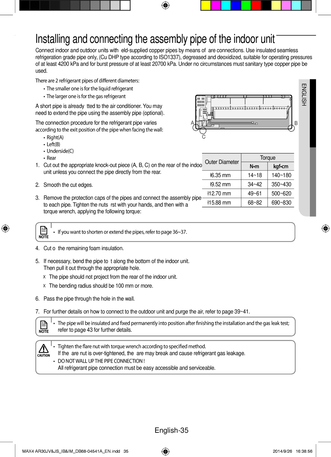 Samsung AR30JVFUCWKNMG manual English-35, Smooth the cut edges, Torque, Cut off the remaining foam insulation 