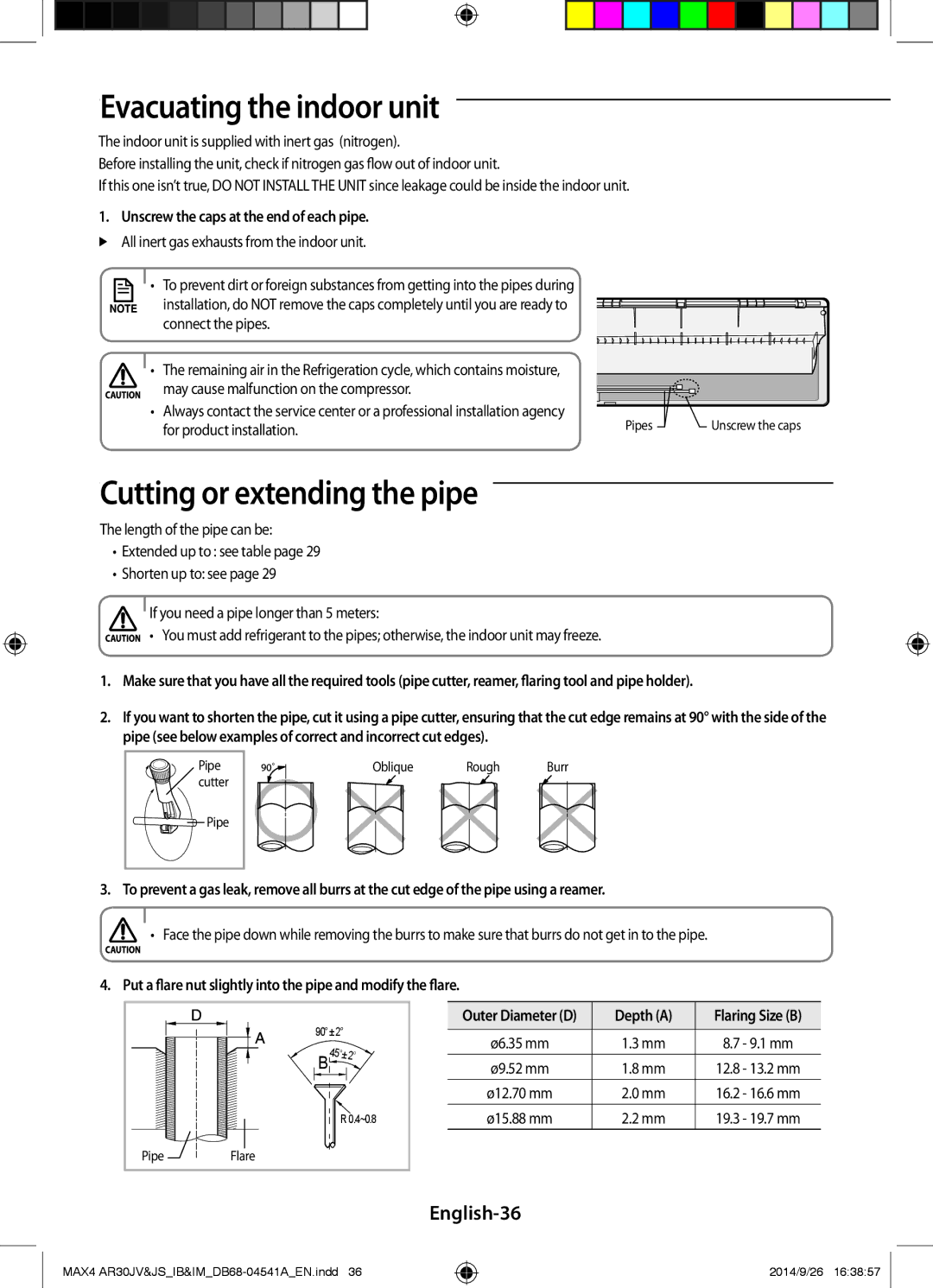 Samsung AR30JVFUCWKNMG manual Evacuating the indoor unit, Cutting or extending the pipe, English-36 