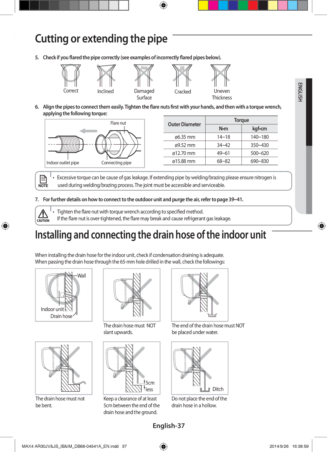 Samsung AR30JVFUCWKNMG manual English-37, Correct Inclined, Cracked, Wall Indoor unit Drain hose Drain hose must not, Ditch 