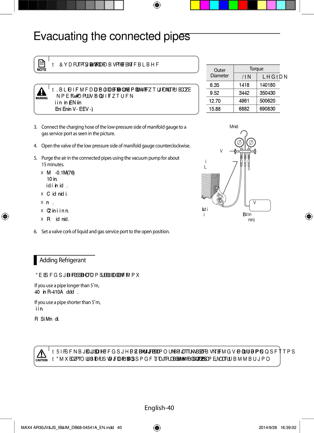 Samsung AR30JVFUCWKNMG manual Adding Refrigerant, English-40, Outer Torque, If you use a pipe longer than 5 m 