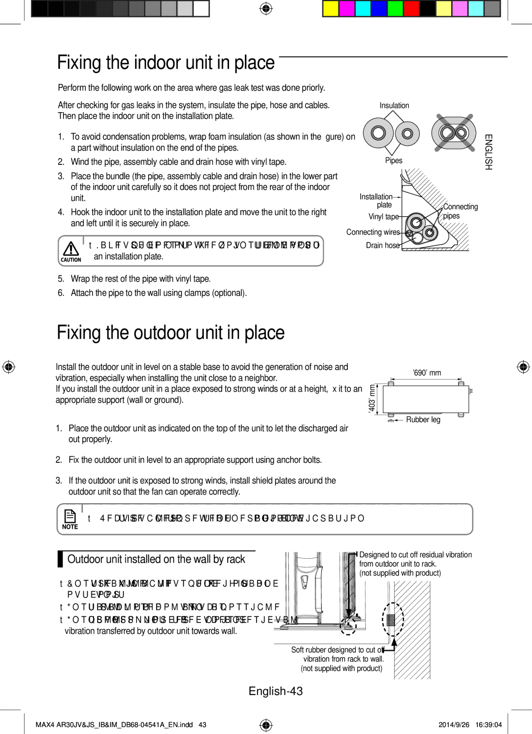 Samsung AR30JVFUCWKNMG manual Fixing the indoor unit in place, Fixing the outdoor unit in place, English-43 