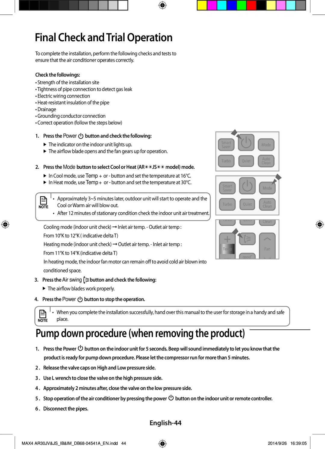 Samsung AR30JVFUCWKNMG manual Final Check and Trial Operation, English-44 