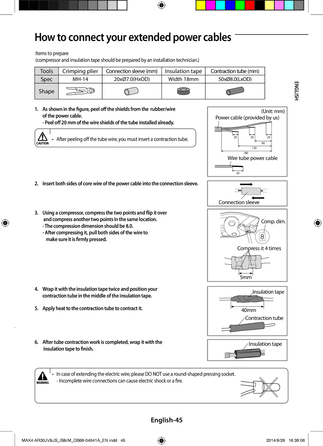 Samsung AR30JVFUCWKNMG manual How to connect your extended power cables, English-45, Insulation tape to finish 