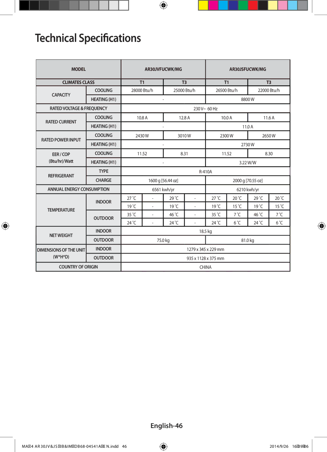 Samsung AR30JVFUCWKNMG manual Technical Specifications, English-46 