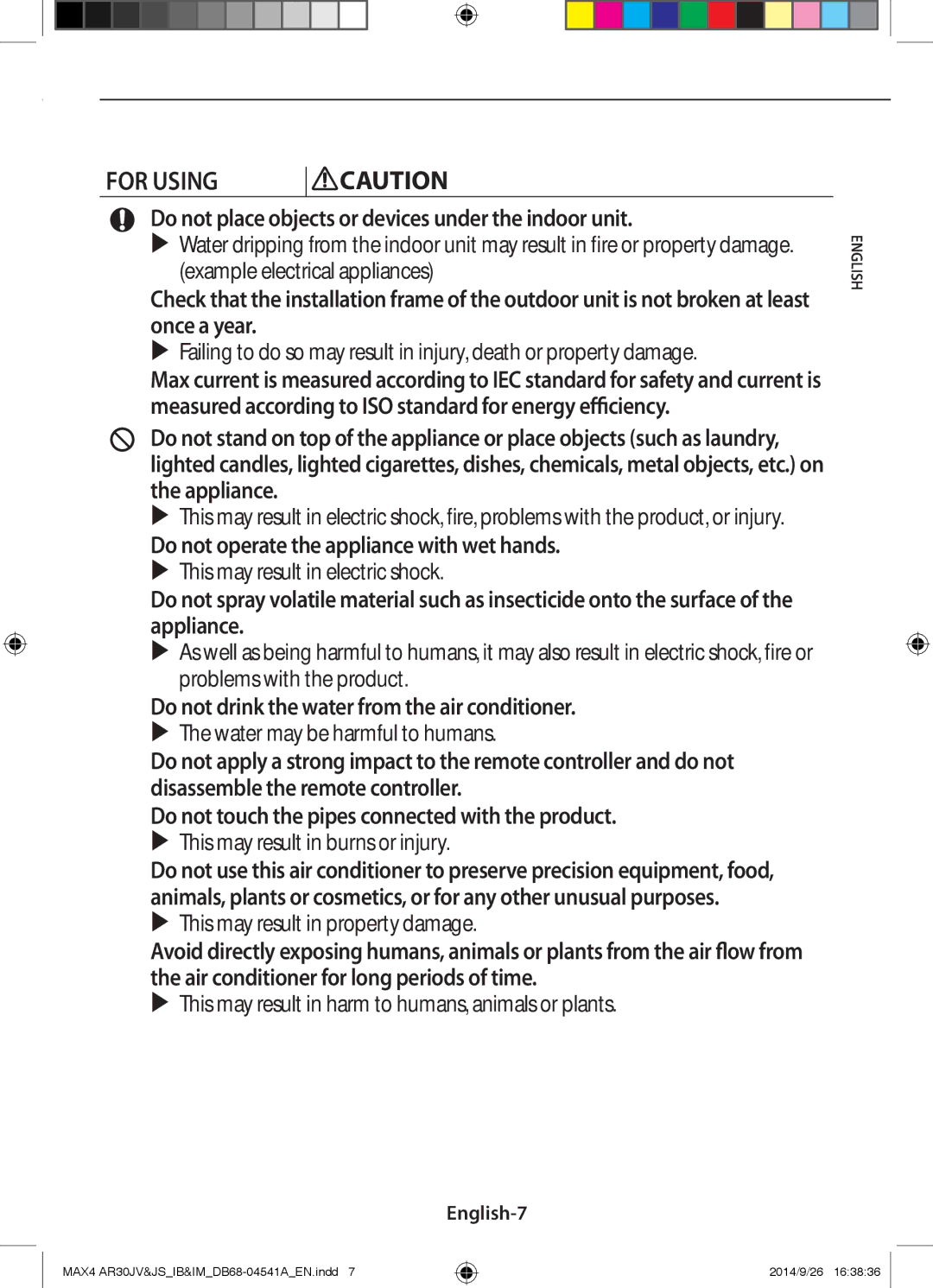 Samsung AR30JVFUCWKNMG manual Do not place objects or devices under the indoor unit, English-7 