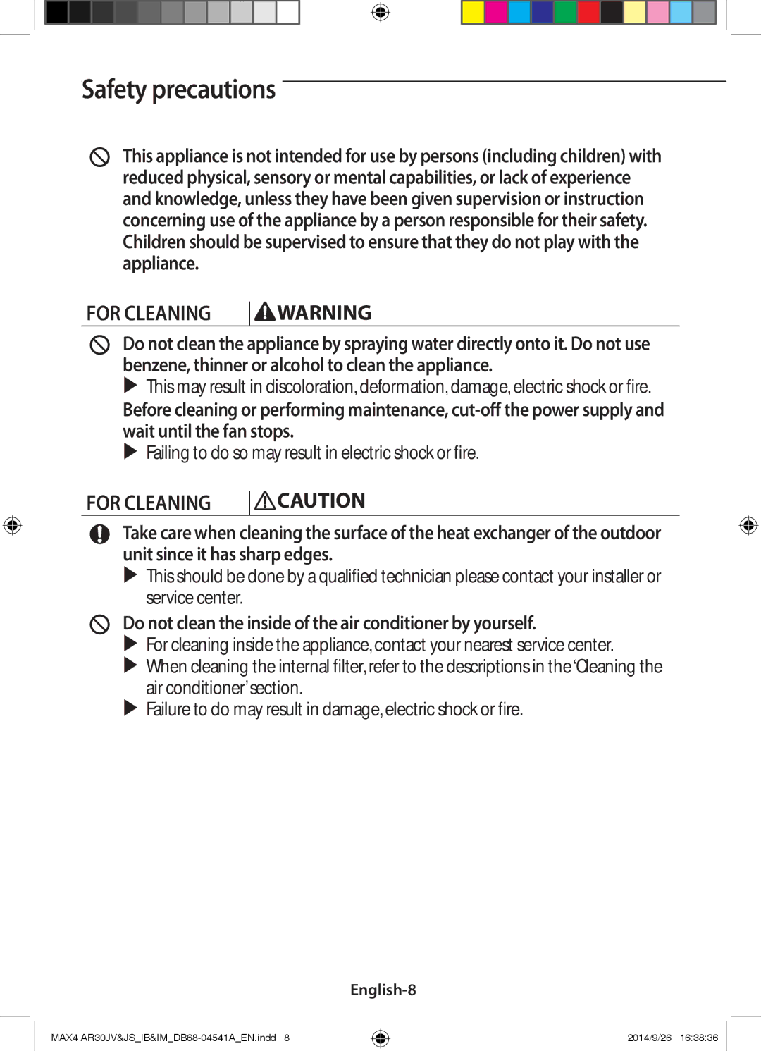 Samsung AR30JVFUCWKNMG manual For Cleaning, English-8 