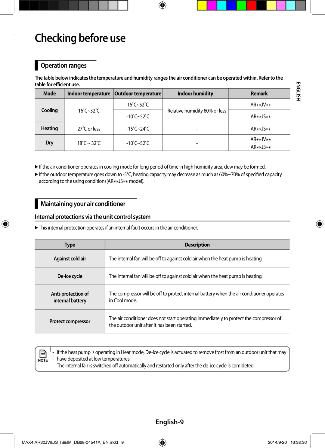 Samsung AR30JVFUCWKNMG manual Checking before use, Operation ranges, English-9 