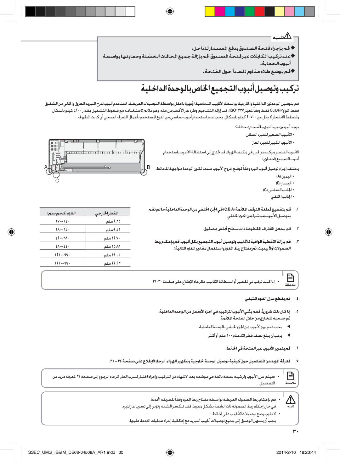 Samsung AR36HPFUAWKNMG, AR36HCFUAWKNMG, AR30HPFUAWKNMG, AR30HCFUAWKNMG manual ةيلخادلاةدحولابصالخاعيمجتلابوبنأليصوتوبيكرت 