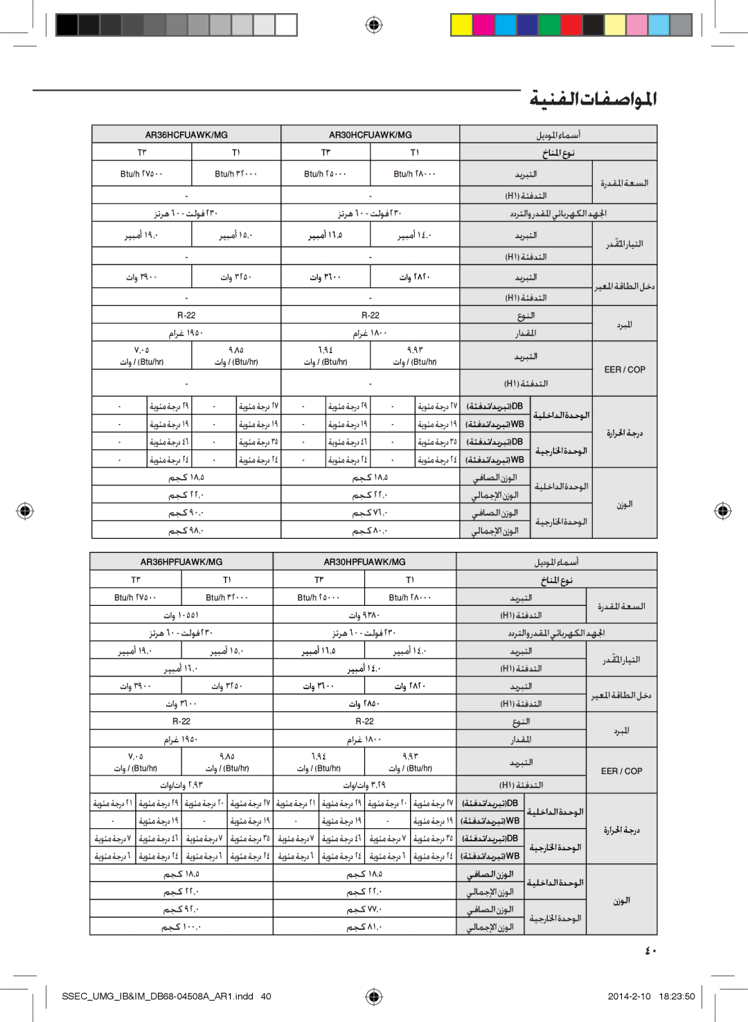 Samsung AR36HCFUAWKNMG, AR30HPFUAWKNMG, AR36HPFUAWKNMG عونلا, رادقلما, تاو / Btu/hr, يفاصلانزولا, ريبمأ, ريعلماةقاطلالخد 