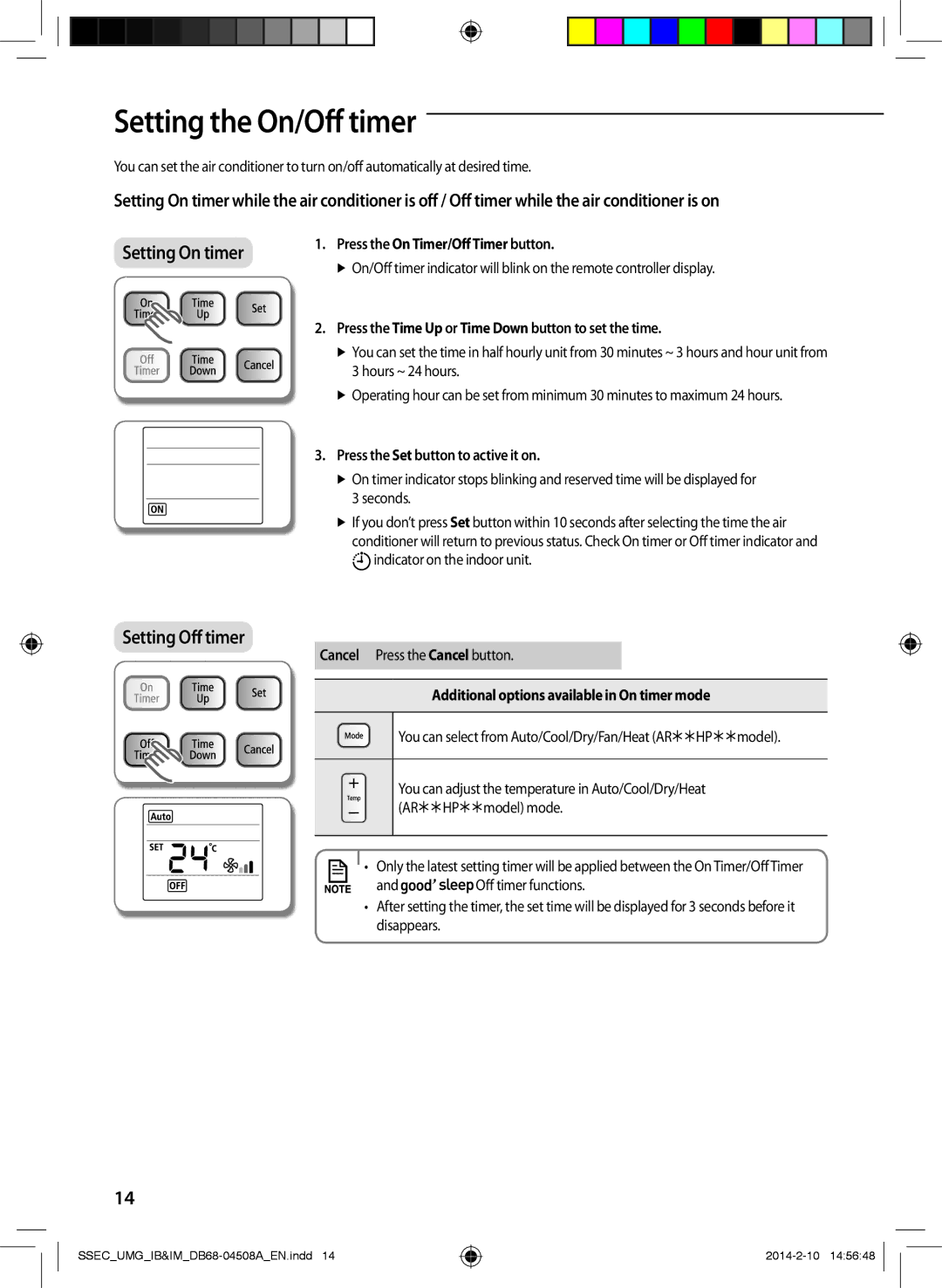 Samsung AR36HPFUAWKNMG, AR36HCFUAWKNMG, AR30HPFUAWKNMG SettinAA g the On/Off timer, Press the On Timer/Off Timer button 