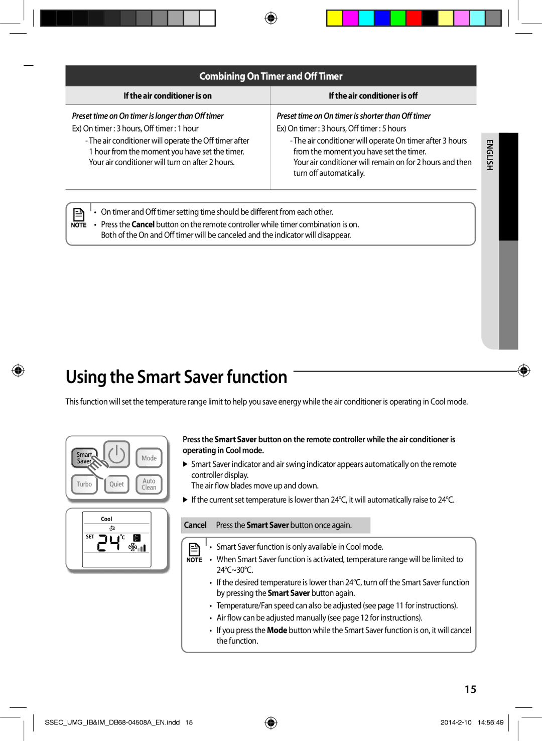 Samsung AR30HCFUAWKNMG manual Using the Smart Saver function, If the air conditioner is on If the air conditioner is off 