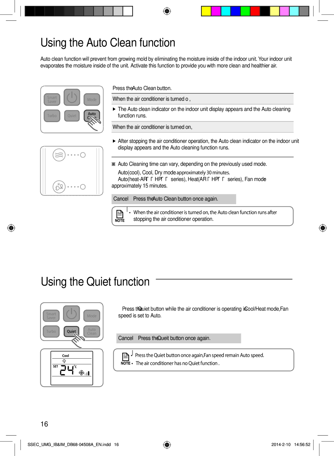 Samsung AR36HCFUAWKNMG UsingAA the Auto Clean function, Using the Quiet function, When the air conditioner is turned on 