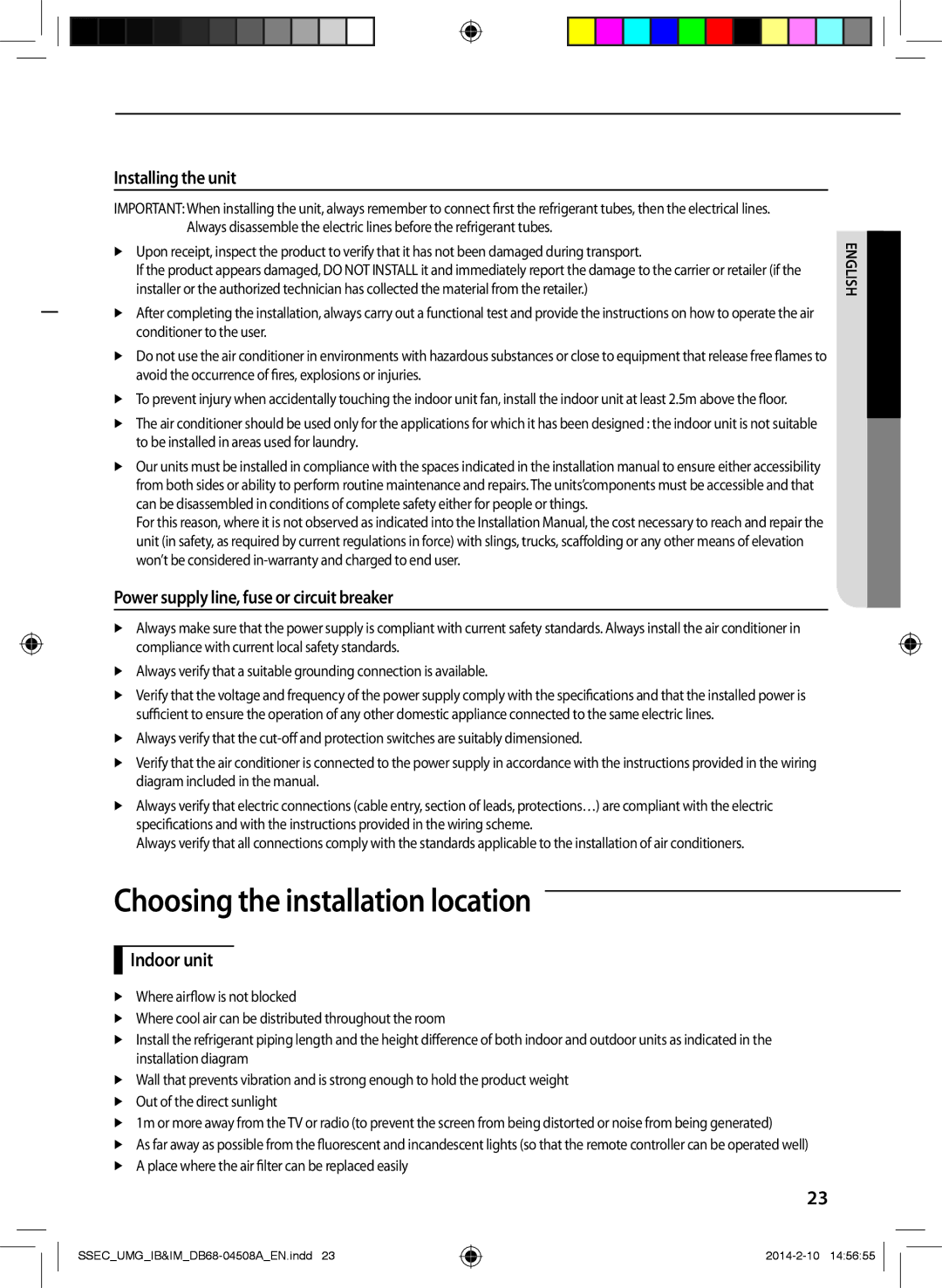 Samsung AR30HCFUAWKNMG Choosing the installation location, Installing the unit, Power supply line, fuse or circuit breaker 