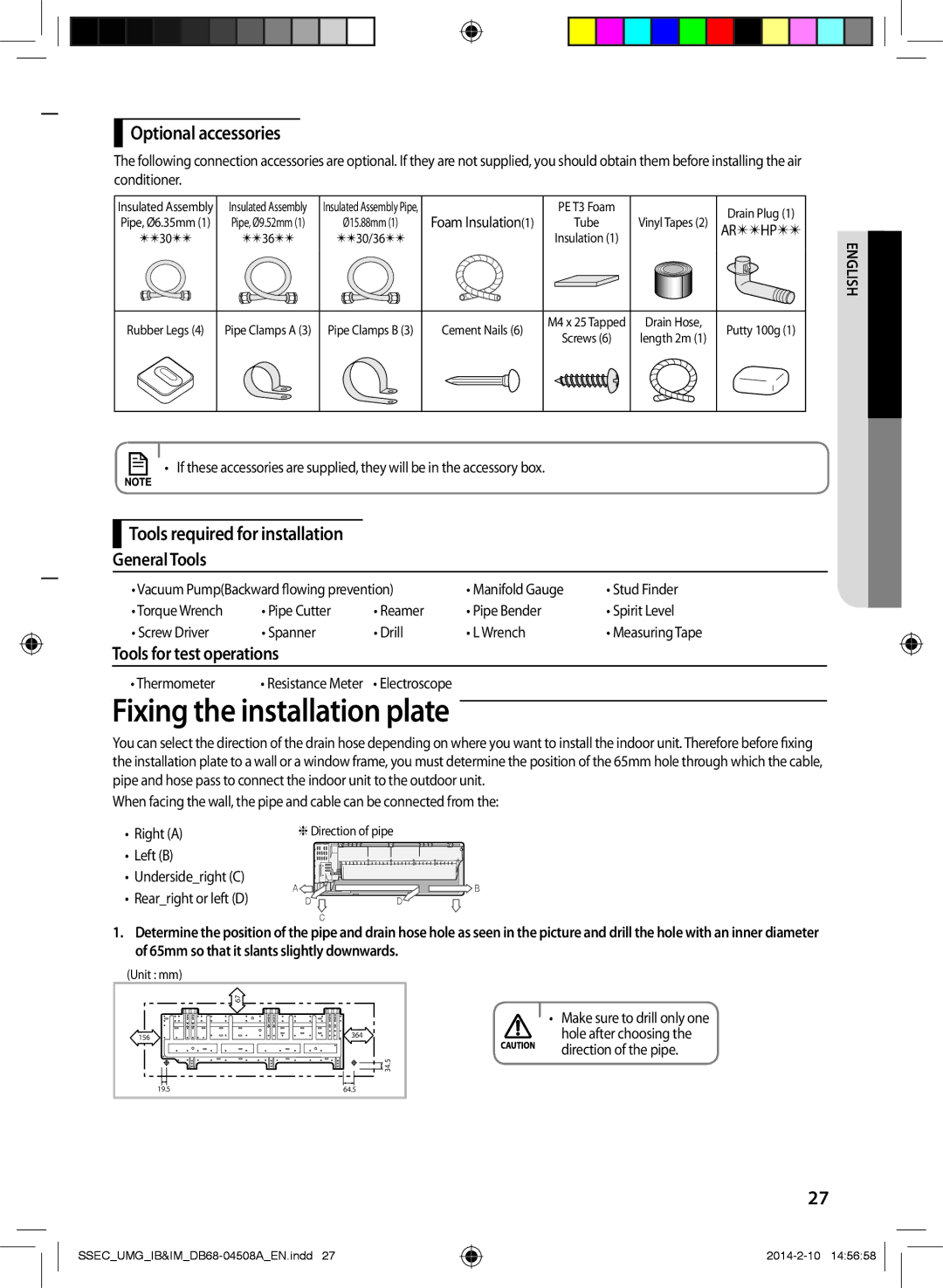 Samsung AR30HCFUAWKNMG Fixing the installation plate, Optional accessories, Tools required for installation General Tools 