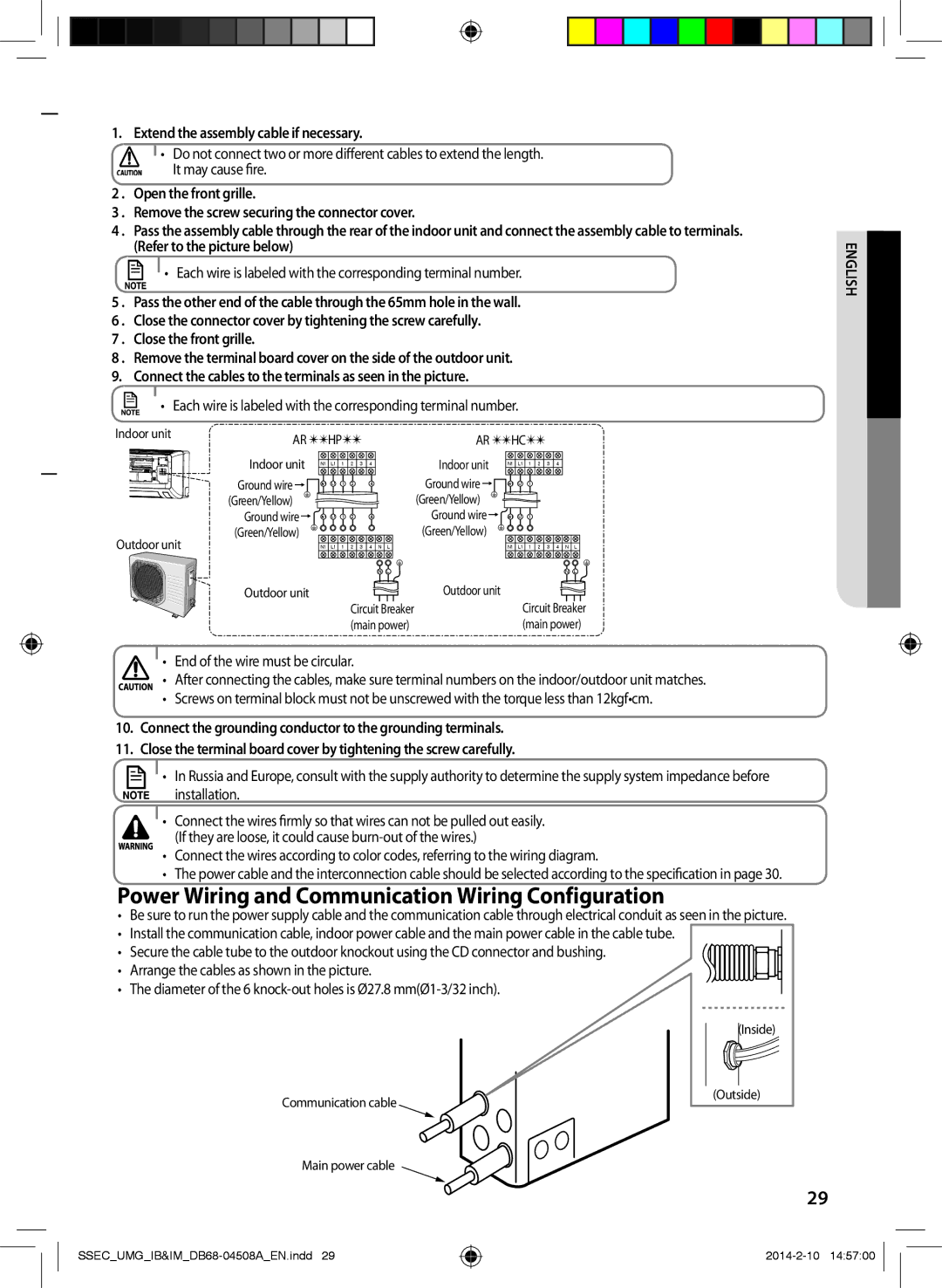 Samsung AR30HPFUAWKNMG Extend the assembly cable if necessary, Each wire is labeled with the corresponding terminal number 