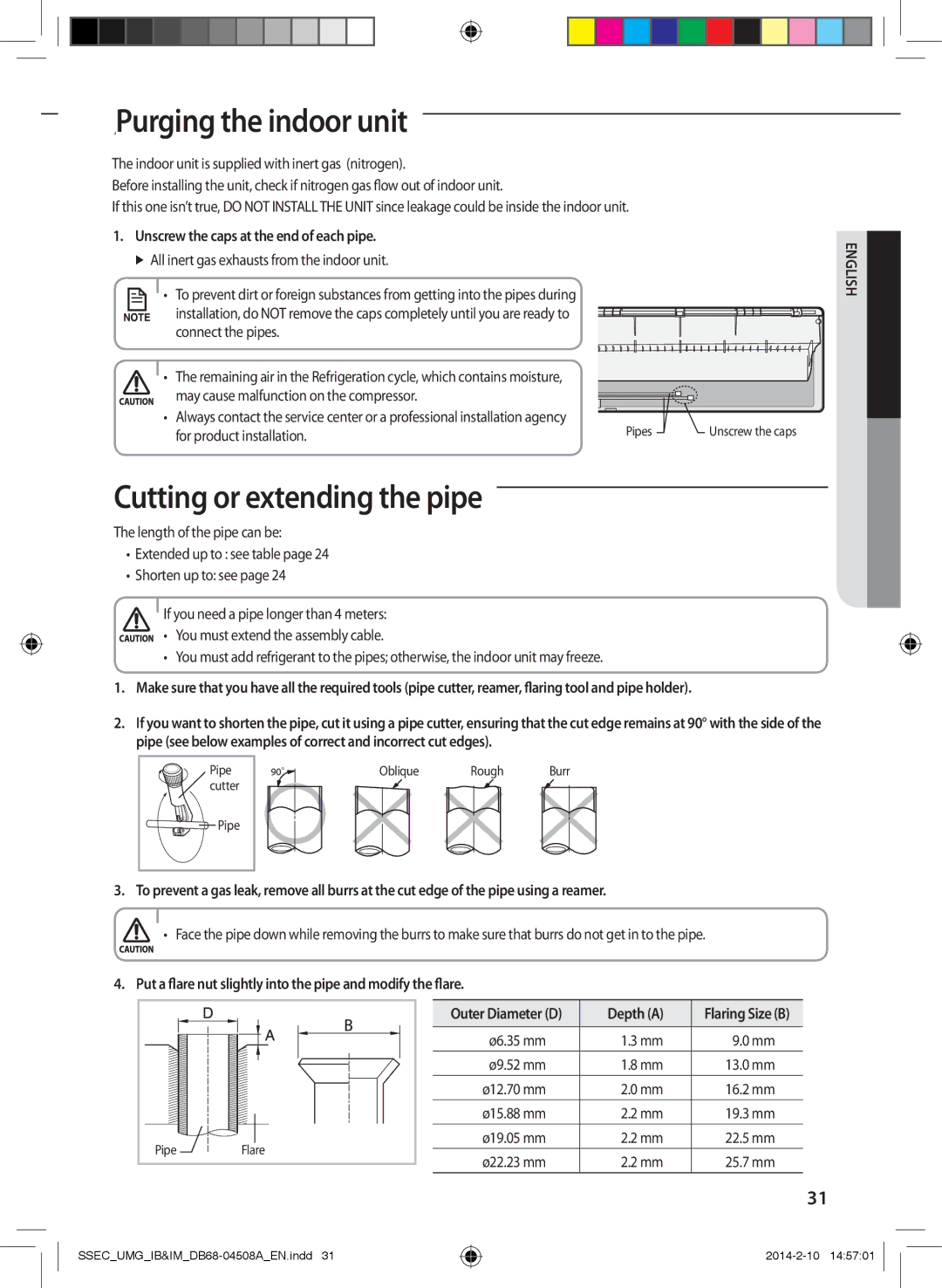 Samsung AR30HCFUAWKNMG AAPurging the indoor unit, Cutting or extending the pipe, Unscrew the caps at the end of each pipe 