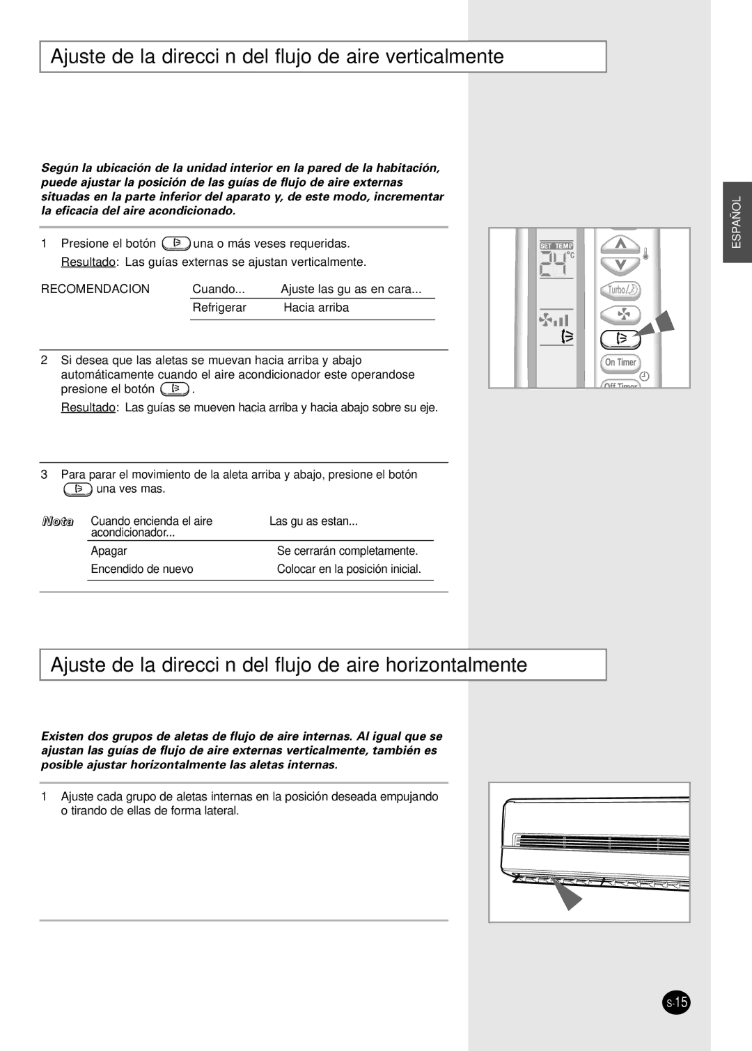 Samsung AS24S6GB, AS07S8GB, AS07S8GE, AS07SBGE, AST24S6GE, AS12SGGE Ajuste de la dirección del flujo de aire verticalmente 