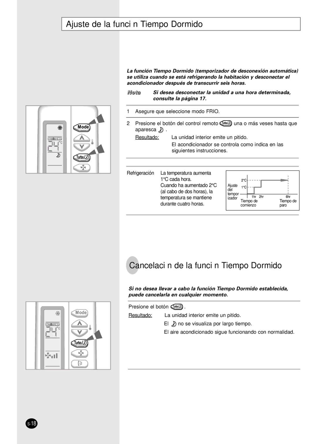 Samsung AS18S0GE, AS07S8GB, AS07S8GE, AS07SBGE Ajuste de la función Tiempo Dormido, Cancelación de la función Tiempo Dormido 