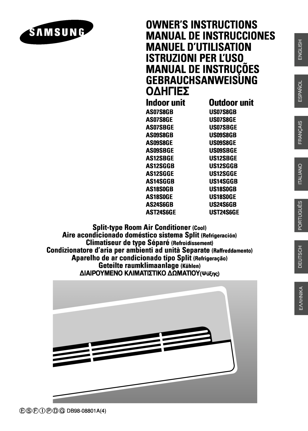 Samsung AS07S8GE, AS07S8GB, AS07SBGE manuel dutilisation O¢Hie, Owner’S Instructions Manual De Instrucciones, Indoor unit 