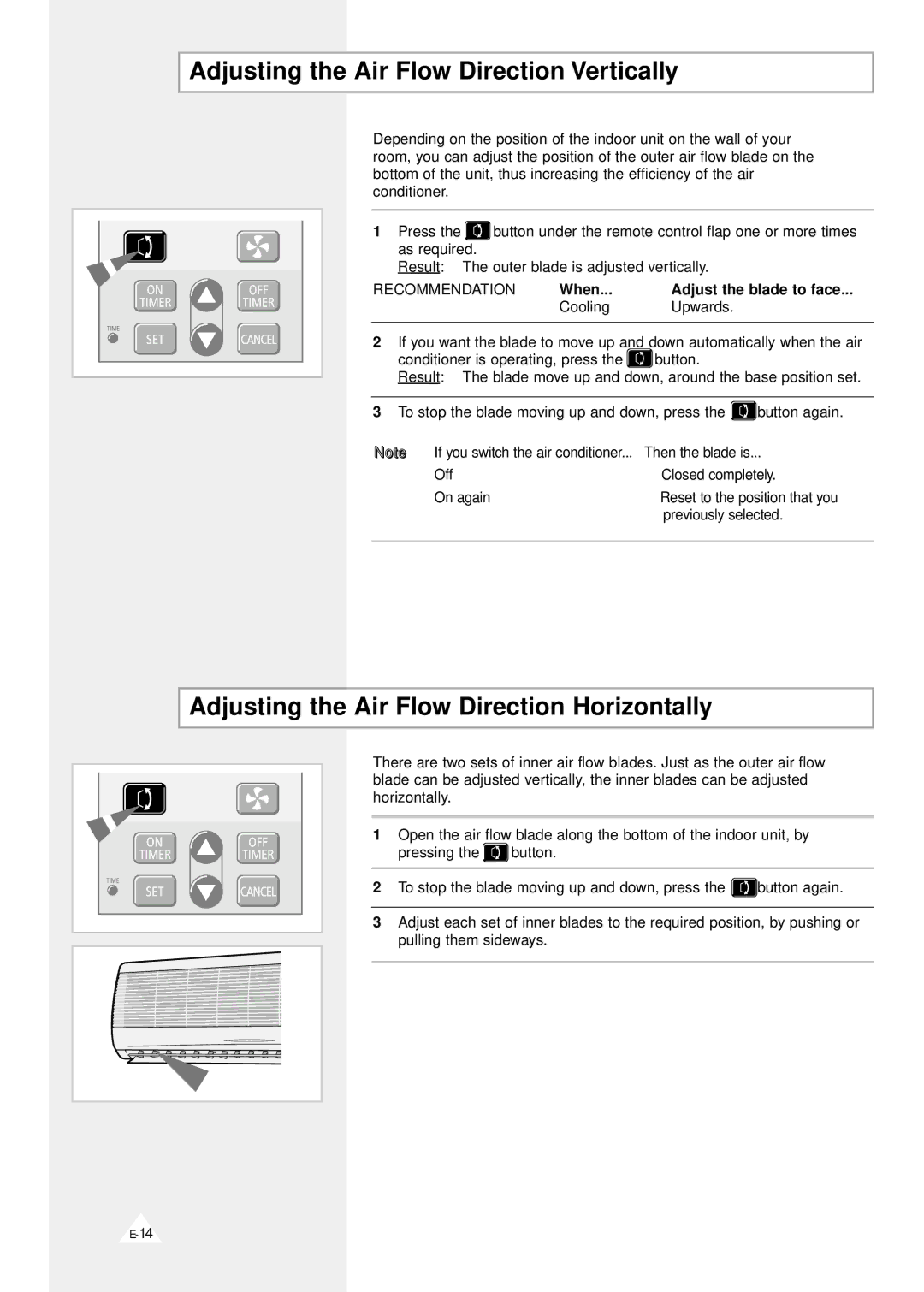 Samsung SC09ZV, AS090VE/D manual Adjusting the Air Flow Direction Vertically, Adjusting the Air Flow Direction Horizontally 