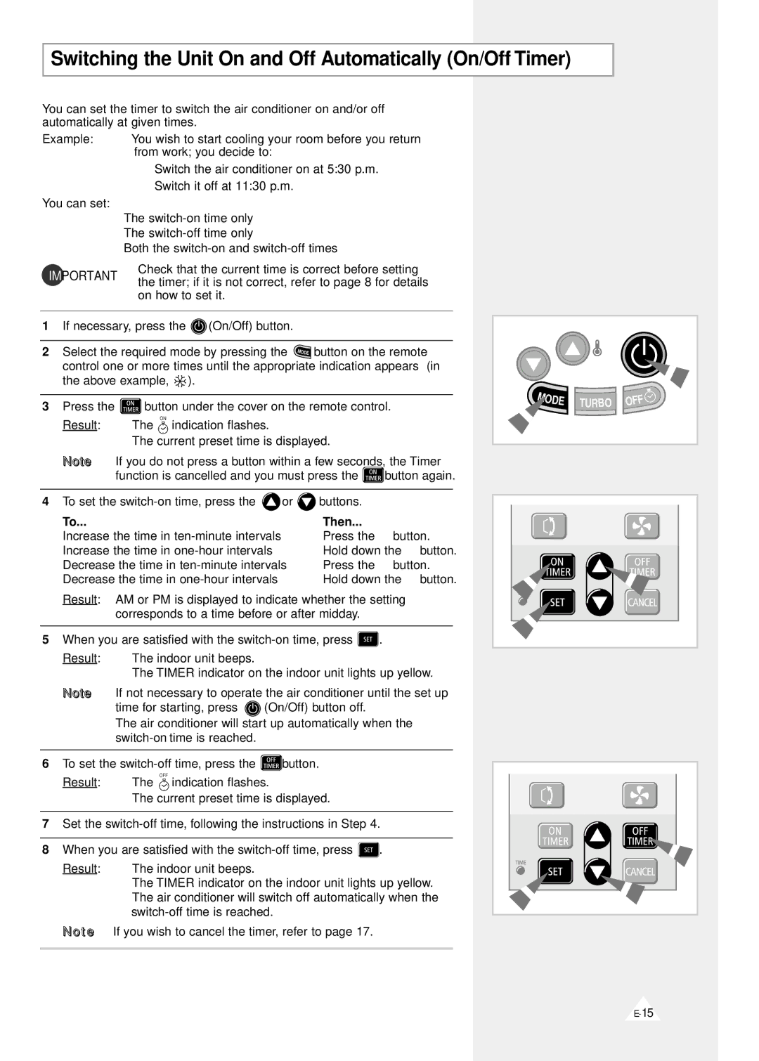 Samsung AS090VE/D, AS091VE/D, AS09A1(A2)VE/B, AS09D1(D2)VD, AS071VE Switching the Unit On and Off Automatically On/Off Timer 