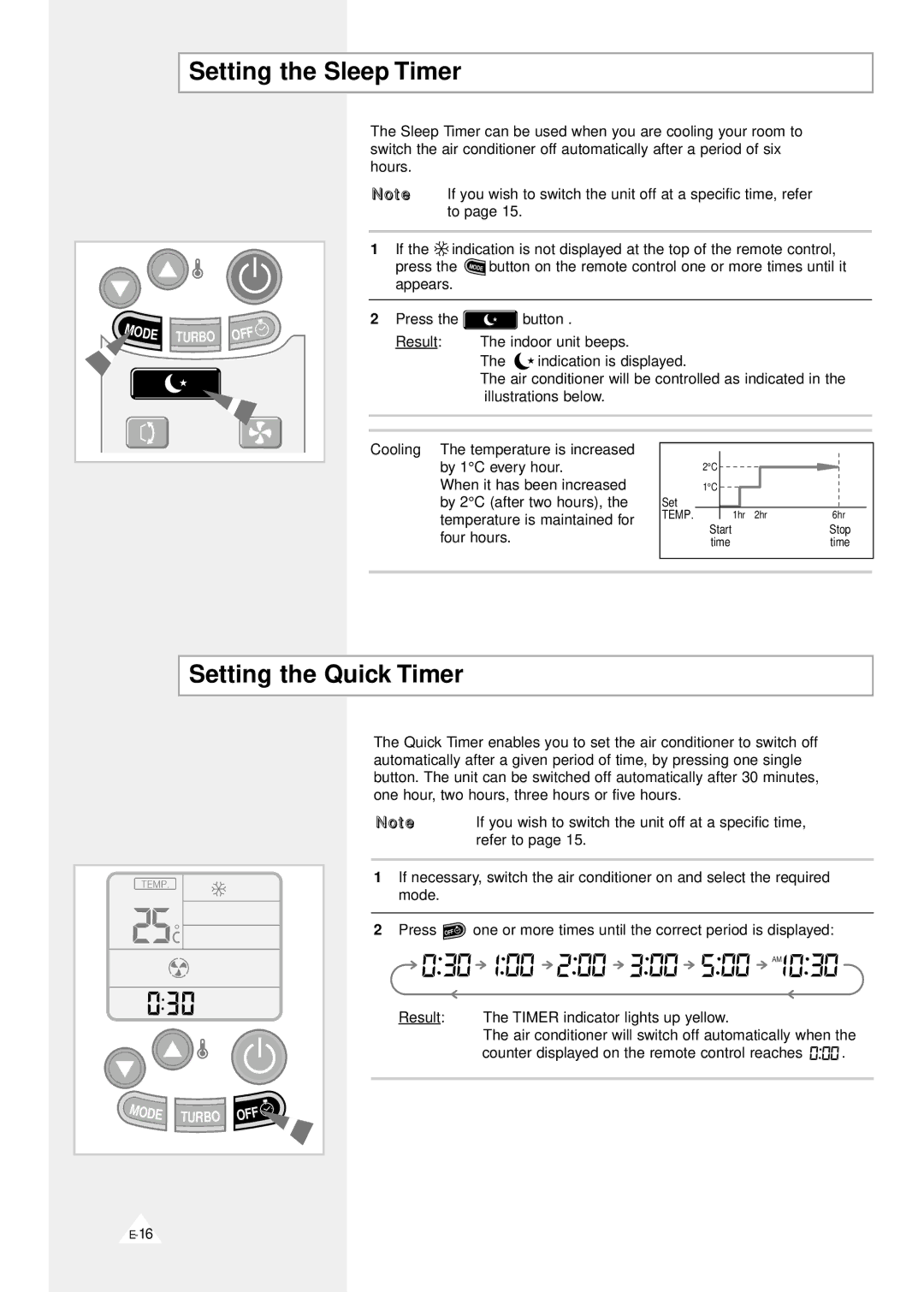 Samsung AS091VE/D, AS090VE/D, AS09A1(A2)VE/B, AS09D1(D2)VD, AS09A1(A2)VA Setting the Sleep Timer, Setting the Quick Timer 