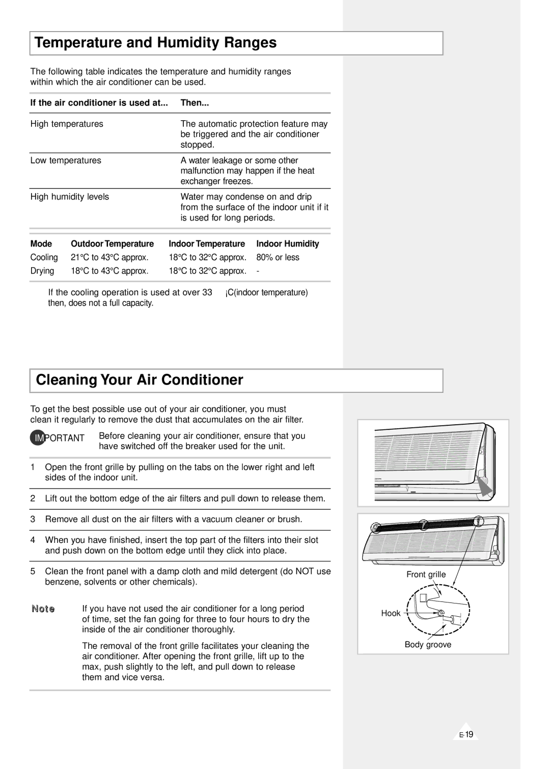 Samsung AS09A1(A2)VA, AS090VE/D, AS091VE/D, AS09A1(A2)VE/B Temperature and Humidity Ranges, Cleaning Your Air Conditioner 