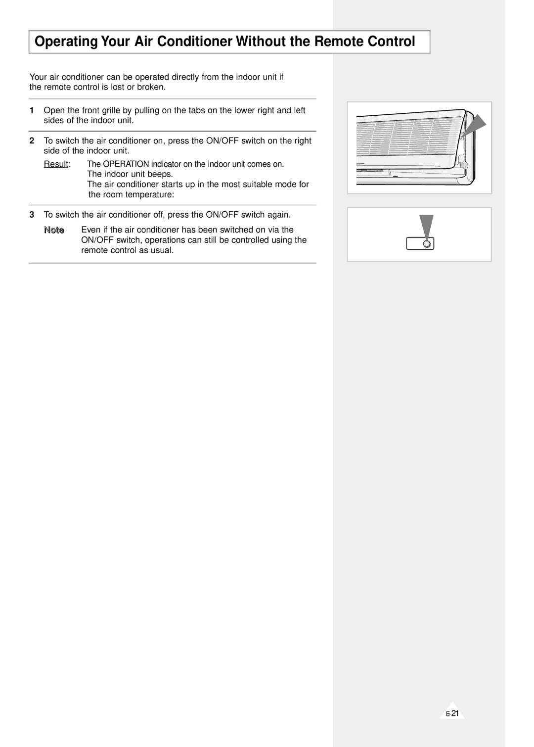 Samsung AS07A1(A2)VE/B, AS090VE/D, AS091VE/D, AS09A1(A2)VE/B manual Operating Your Air Conditioner Without the Remote Control 