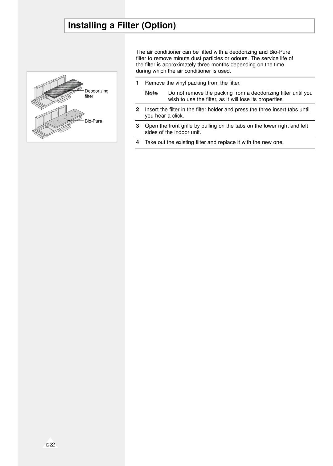 Samsung AS12D1(D2)VD, AS090VE/D, AS091VE/D, AS09A1(A2)VE/B, AS09D1(D2)VD, AS09A1(A2)VA, AS07A1(A2)VA Installing a Filter Option 