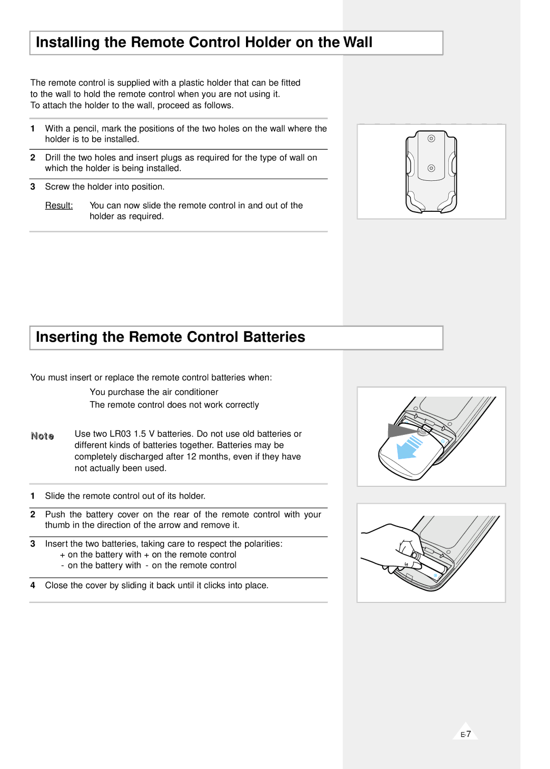 Samsung AS12D1(D2)VD, AS090VE/D Installing the Remote Control Holder on the Wall, Inserting the Remote Control Batteries 