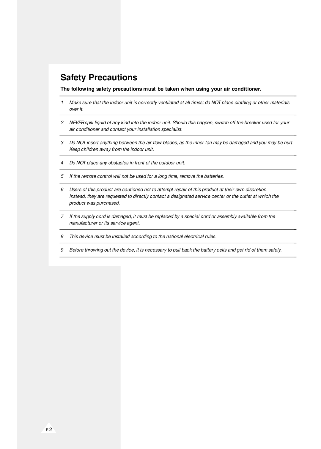 Samsung AS09A1(A2)VE/B, AS090VE/D, AS091VE/D, AS09D1(D2)VD, AS09A1(A2)VA, AS07A1(A2)VA, AS07A1(A2)VE/B manual Safety Precautions 