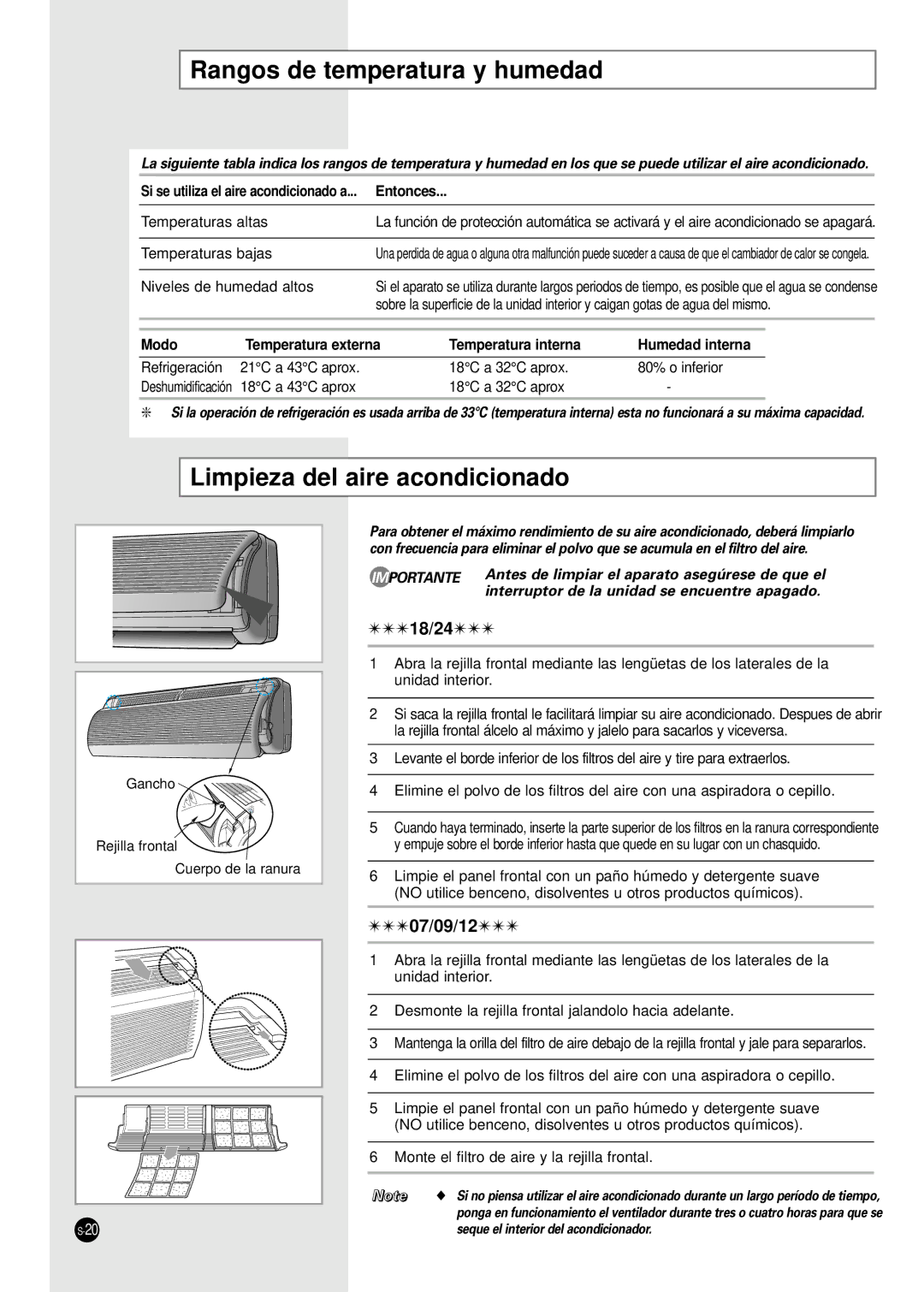 Samsung AS09A6ME/AFR, AST24A2RB/OMI manual Rangos de temperatura y humedad, Limpieza del aire acondicionado, Entonces 