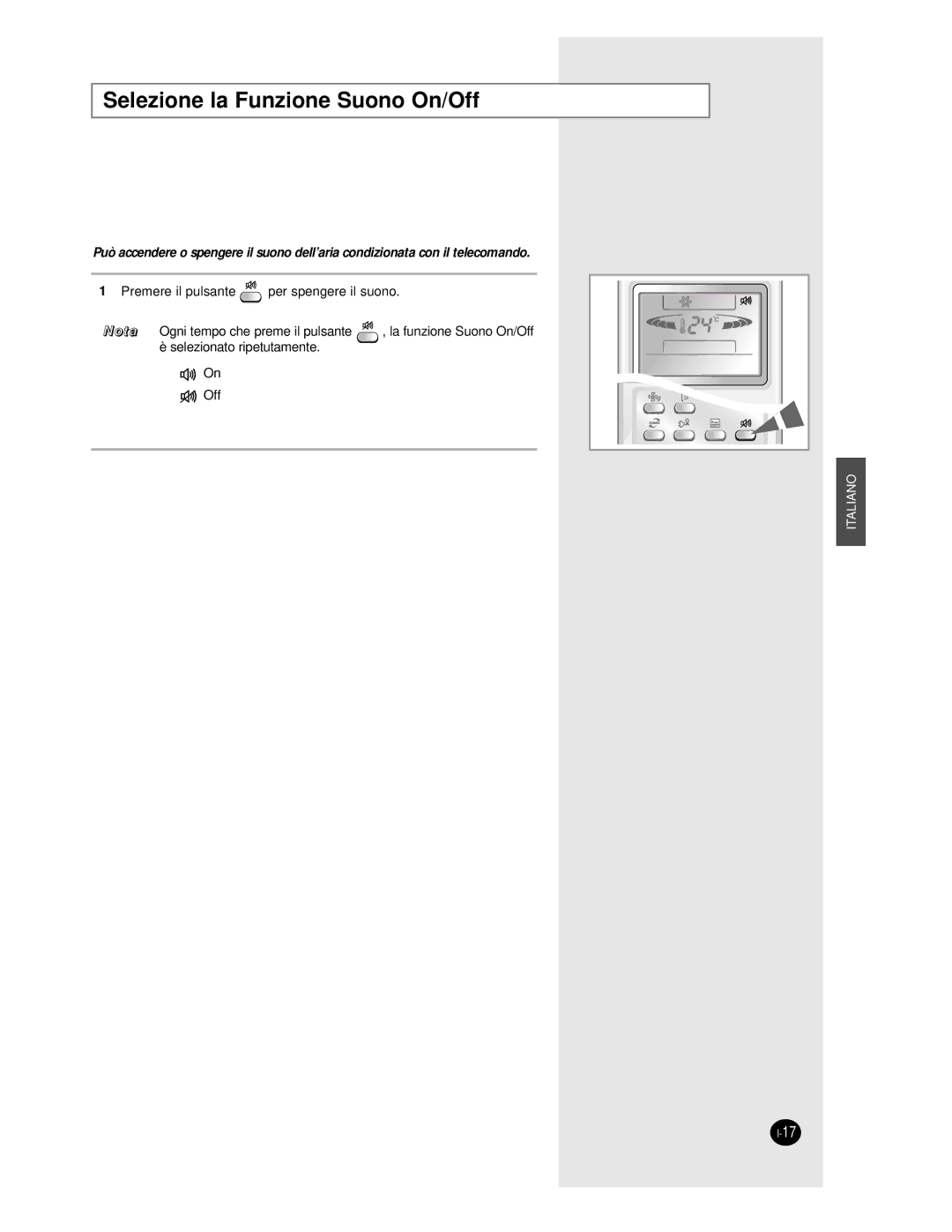 Samsung AS18BPAX, AS09BPAN, AS24BPAX, AS24BPAN, AS12BPAN, AS18BPAN manual Selezione la Funzione Suono On/Off, Nota 