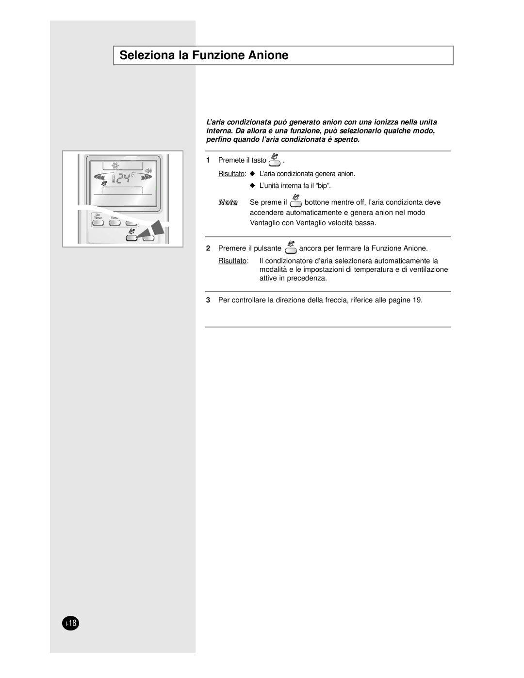 Samsung AS09BPAN, AS24BPAX, AS24BPAN, AS12BPAN, AS18BPAN, AS18BPAX manual Seleziona la Funzione Anione 