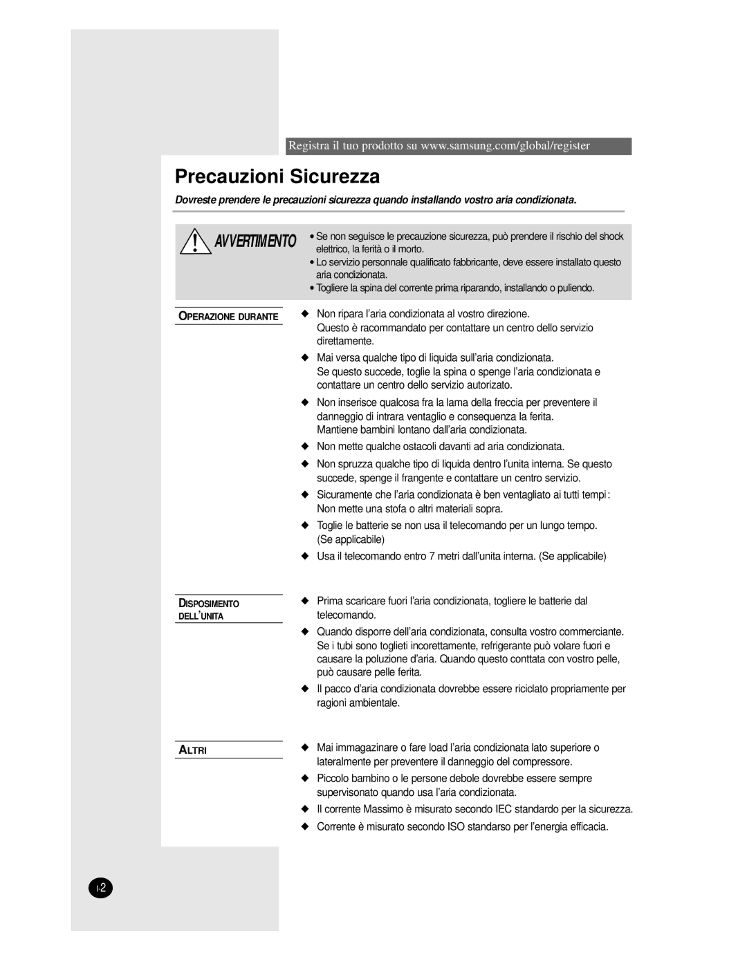 Samsung AS24BPAN, AS09BPAN, AS24BPAX, AS12BPAN, AS18BPAN, AS18BPAX manual Precauzioni Sicurezza 