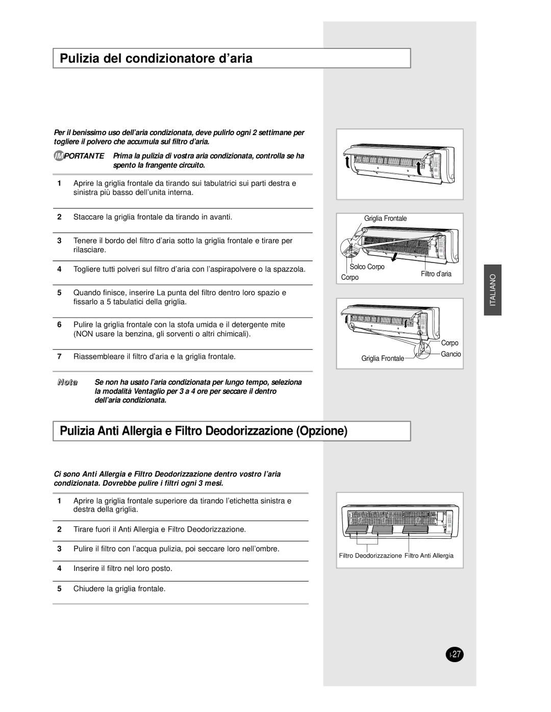 Samsung AS12BPAN, AS09BPAN manual Pulizia del condizionatore d’aria, Pulizia Anti Allergia e Filtro Deodorizzazione Opzione 