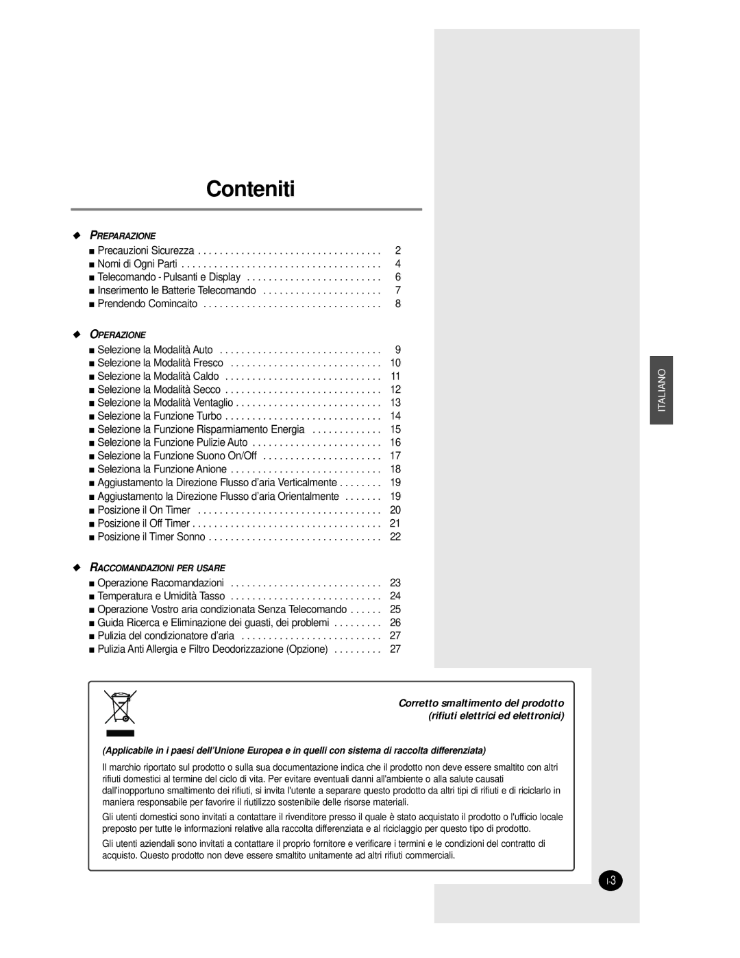 Samsung AS12BPAN, AS09BPAN, AS24BPAX, AS24BPAN, AS18BPAN, AS18BPAX manual Conteniti 