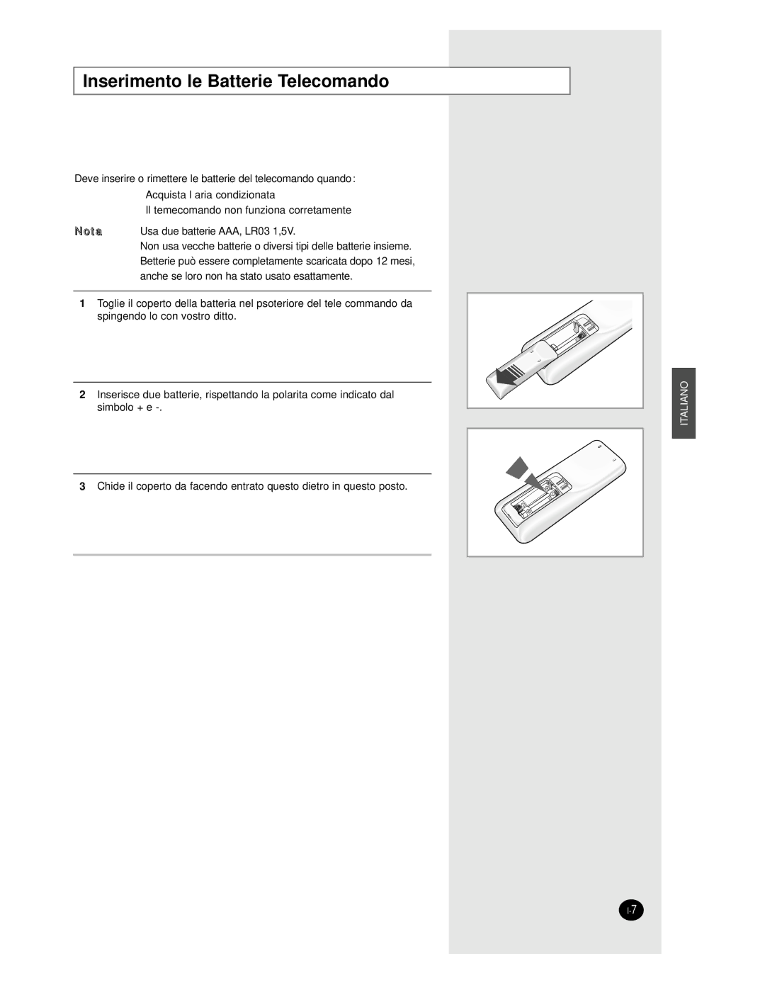 Samsung AS24BPAX, AS09BPAN, AS24BPAN, AS12BPAN, AS18BPAN, AS18BPAX manual Inserimento le Batterie Telecomando 