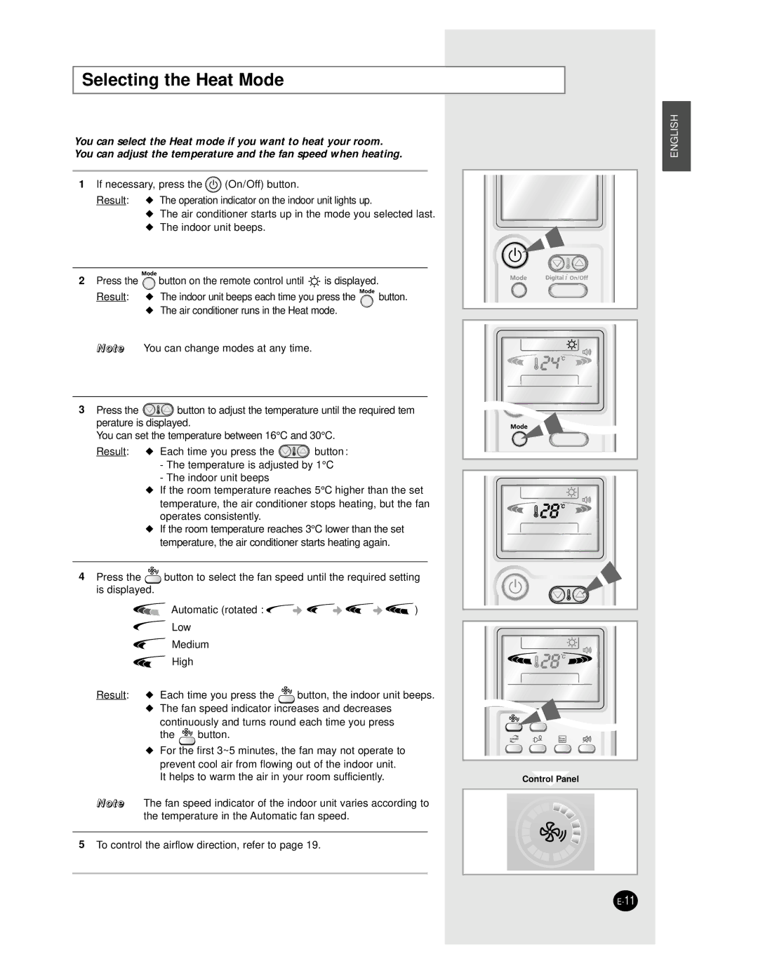 Samsung AS18BPAX, AS09BPAN, AS24BPAX, AS24BPAN, AS12BPAN, AS18BPAN manual Selecting the Heat Mode 