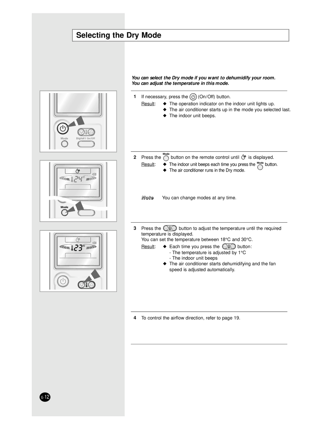 Samsung AS09BPAN, AS24BPAX, AS24BPAN, AS12BPAN, AS18BPAN, AS18BPAX manual Selecting the Dry Mode 