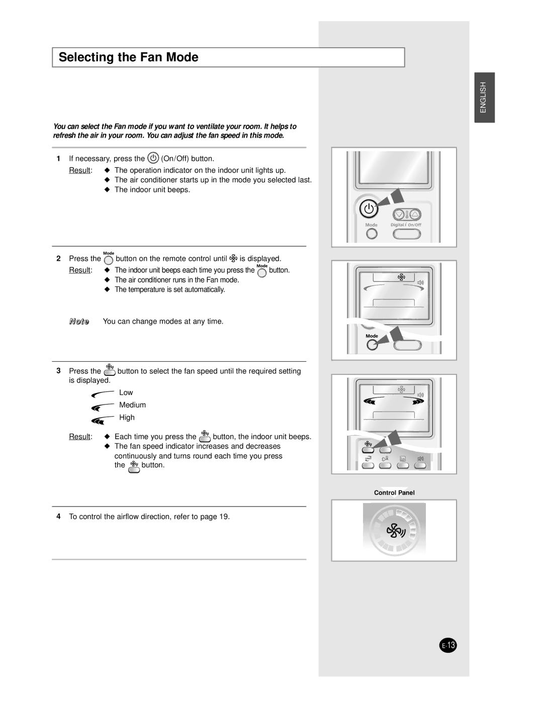 Samsung AS24BPAX, AS09BPAN, AS24BPAN, AS12BPAN, AS18BPAN, AS18BPAX manual Selecting the Fan Mode 