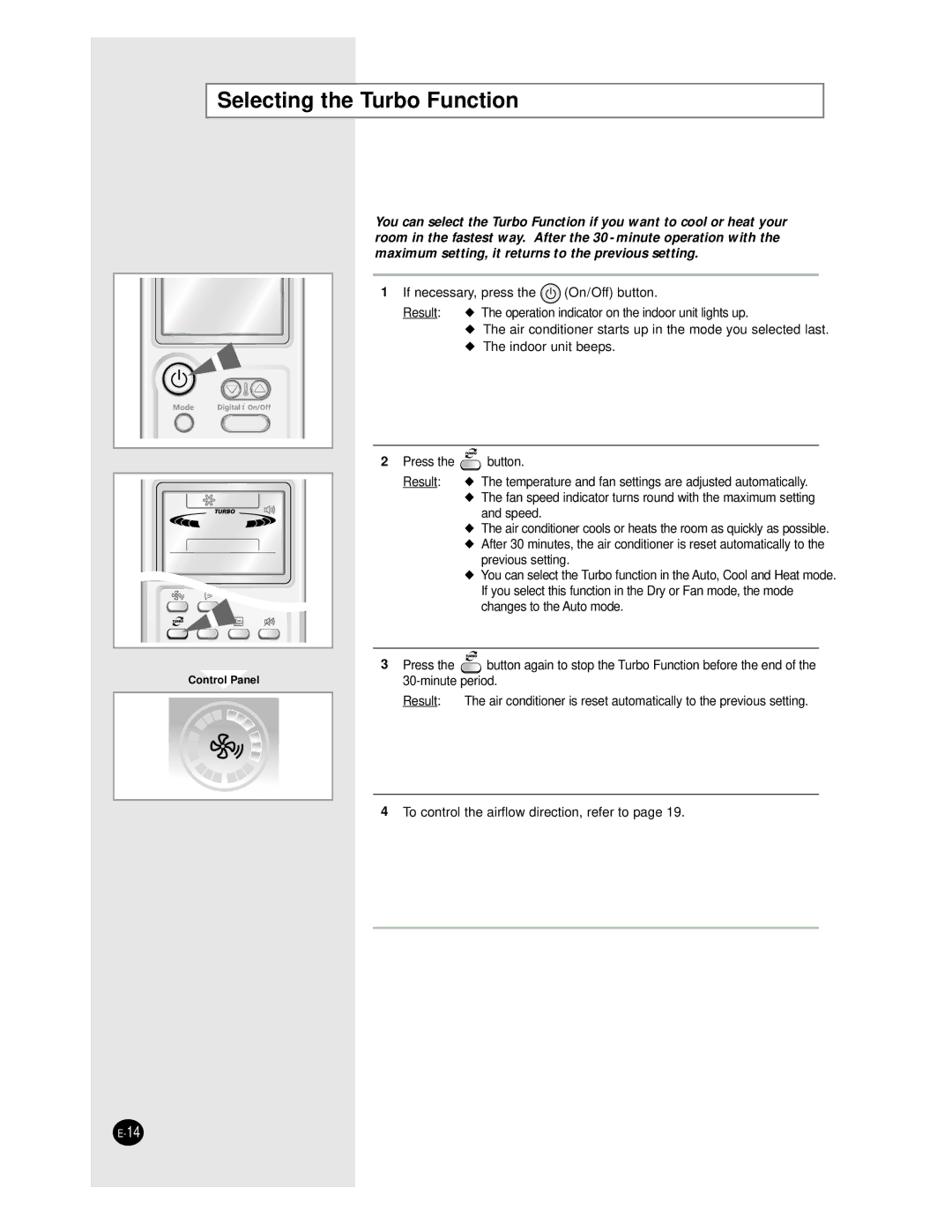 Samsung AS24BPAN, AS09BPAN, AS24BPAX, AS12BPAN, AS18BPAN, AS18BPAX manual Selecting the Turbo Function 