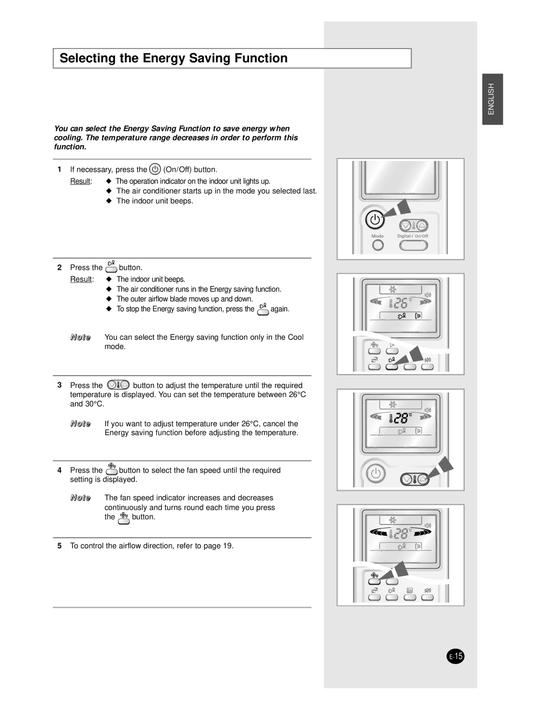 Samsung AS12BPAN, AS09BPAN, AS24BPAX, AS24BPAN, AS18BPAN, AS18BPAX manual Selecting the Energy Saving Function 