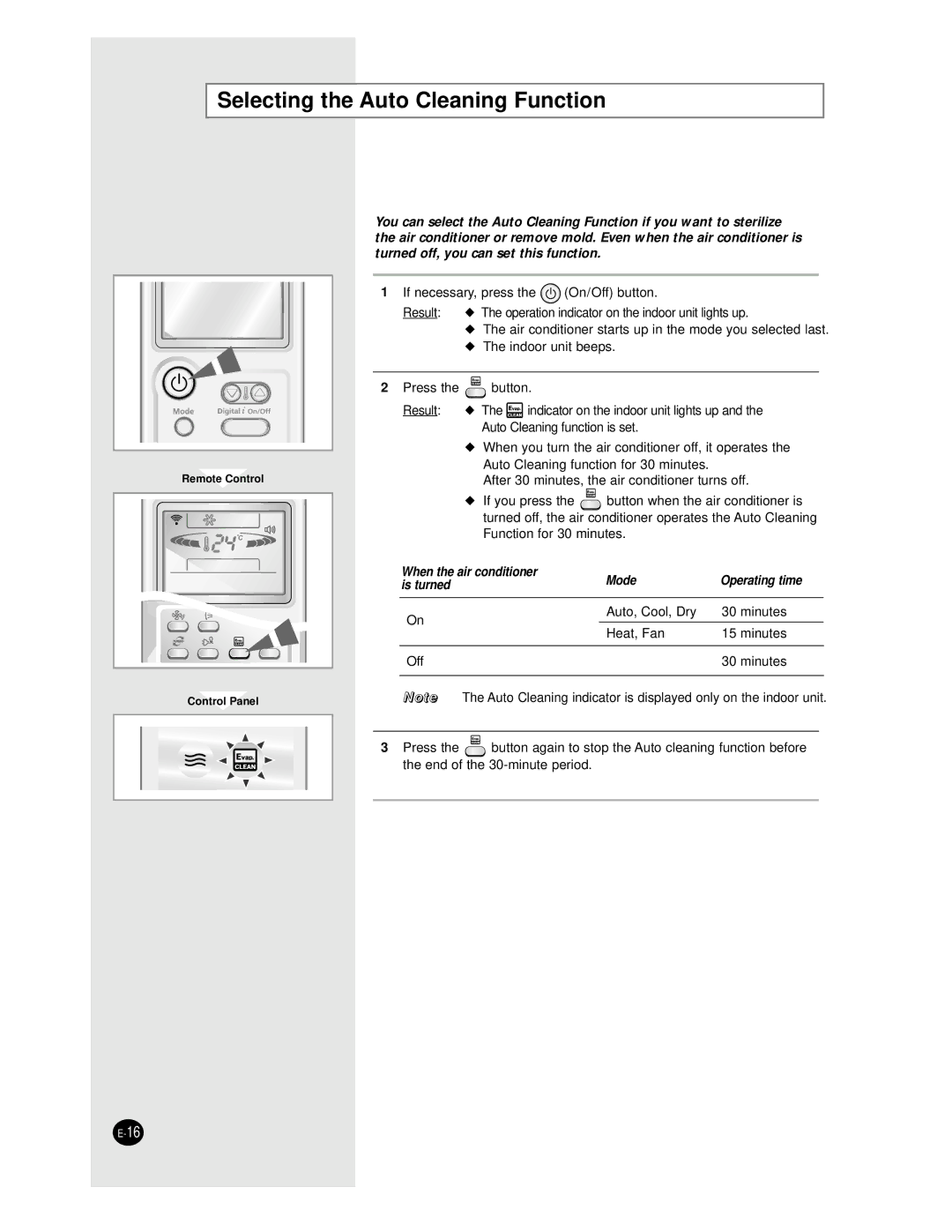 Samsung AS18BPAN, AS09BPAN, AS24BPAX Selecting the Auto Cleaning Function, When the air conditioner Mode Operating time 